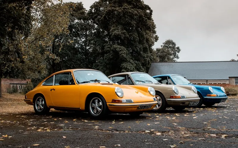 Reihe klassischer Sportwagen im Herbstlaub